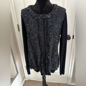 Tahari Black, Gray, White Boucle’ Sweater w/Black Ribbon Detail Great Condition